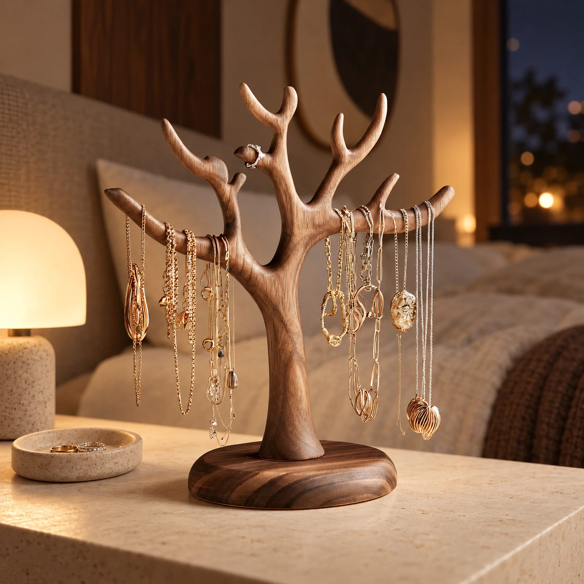 Scandinavian Solid Wood Jewelry Tree Stand With Round Base For Bedroom