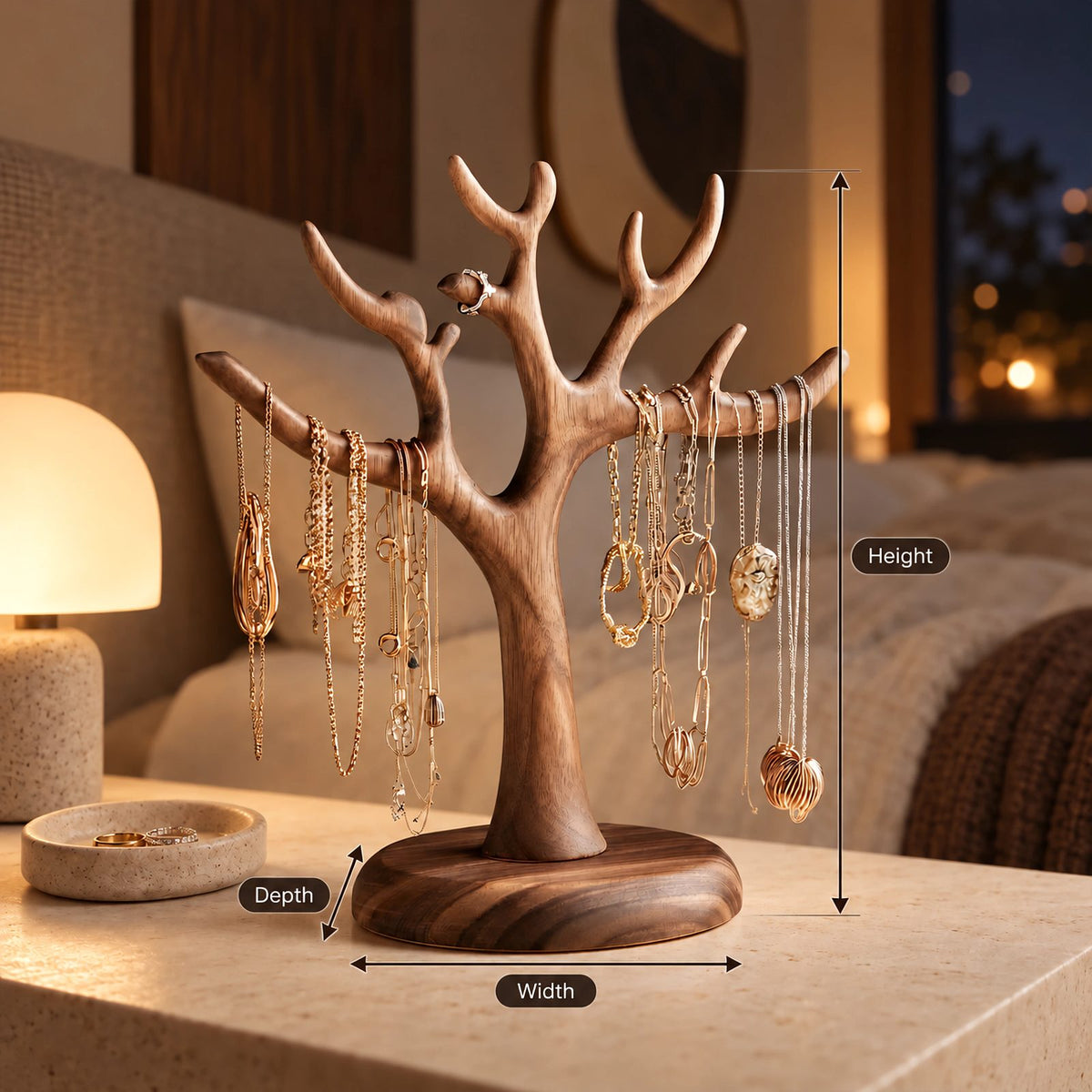 Scandinavian Solid Wood Jewelry Tree Stand With Round Base For Bedroom