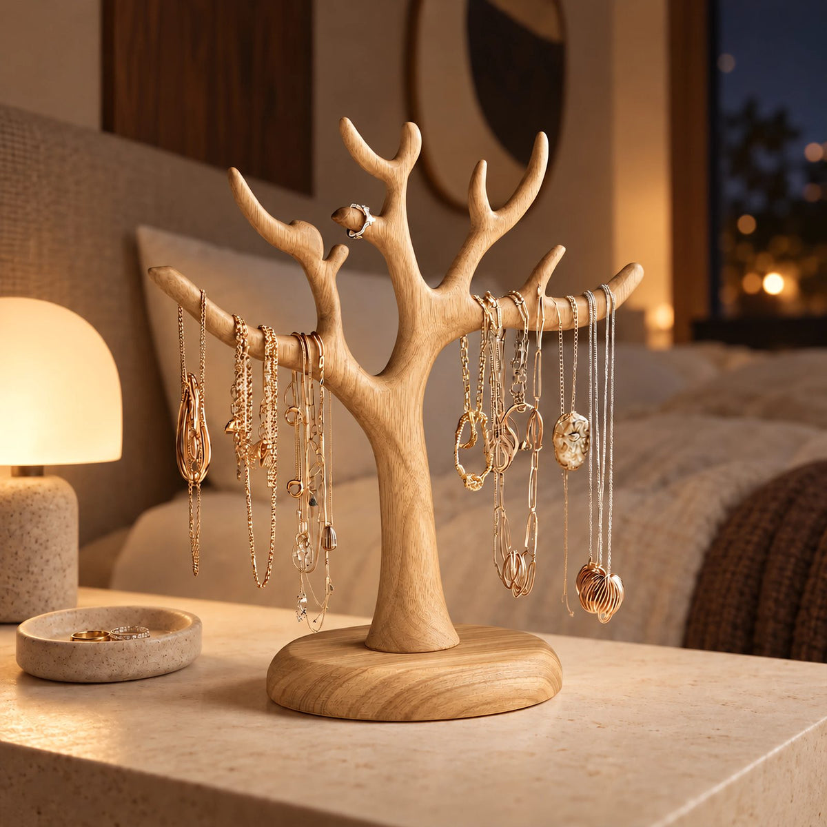 Scandinavian Solid Wood Jewelry Tree Stand With Round Base For Bedroom