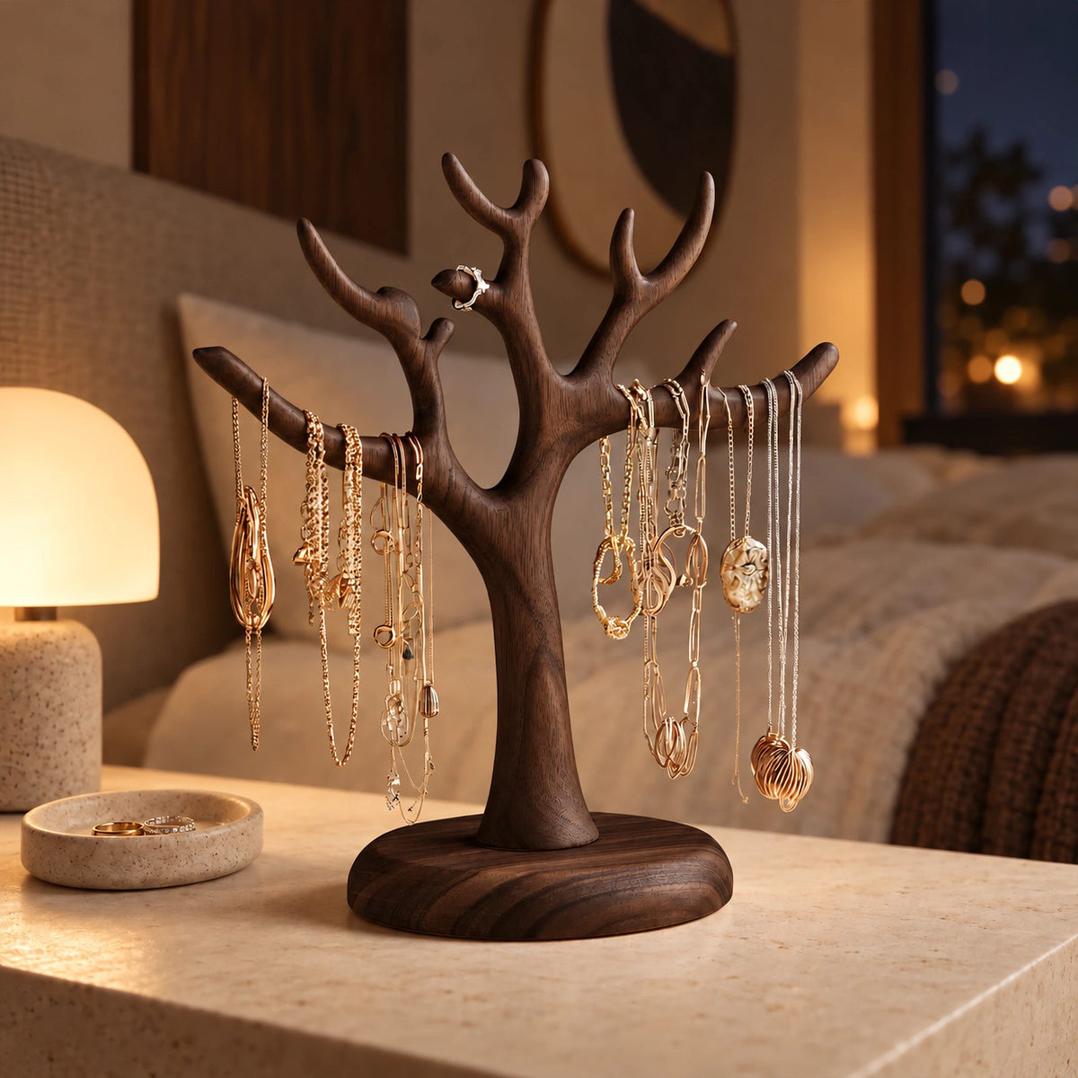 Scandinavian Solid Wood Jewelry Tree Stand With Round Base For Bedroom