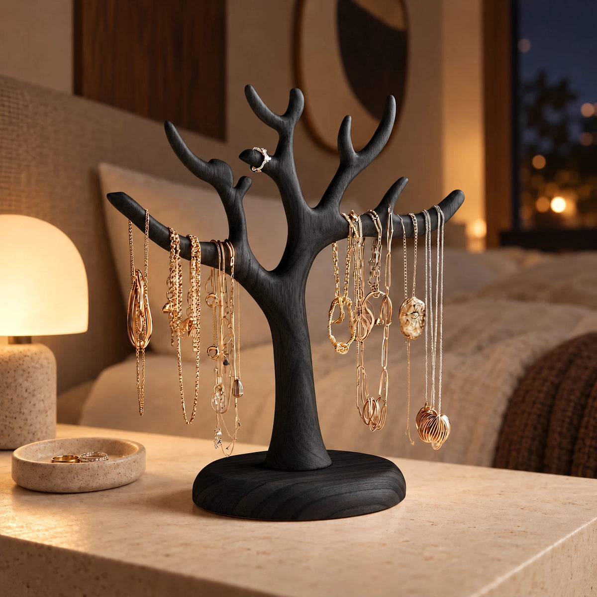 Scandinavian Solid Wood Jewelry Tree Stand With Round Base For Bedroom