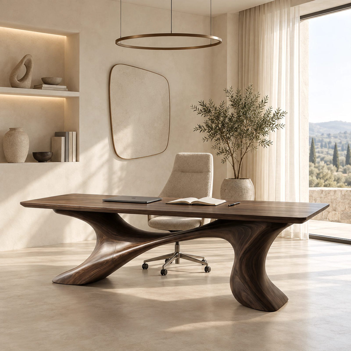 Contemporary Executive Desk With Twisting Sculpted Base For Home Office
