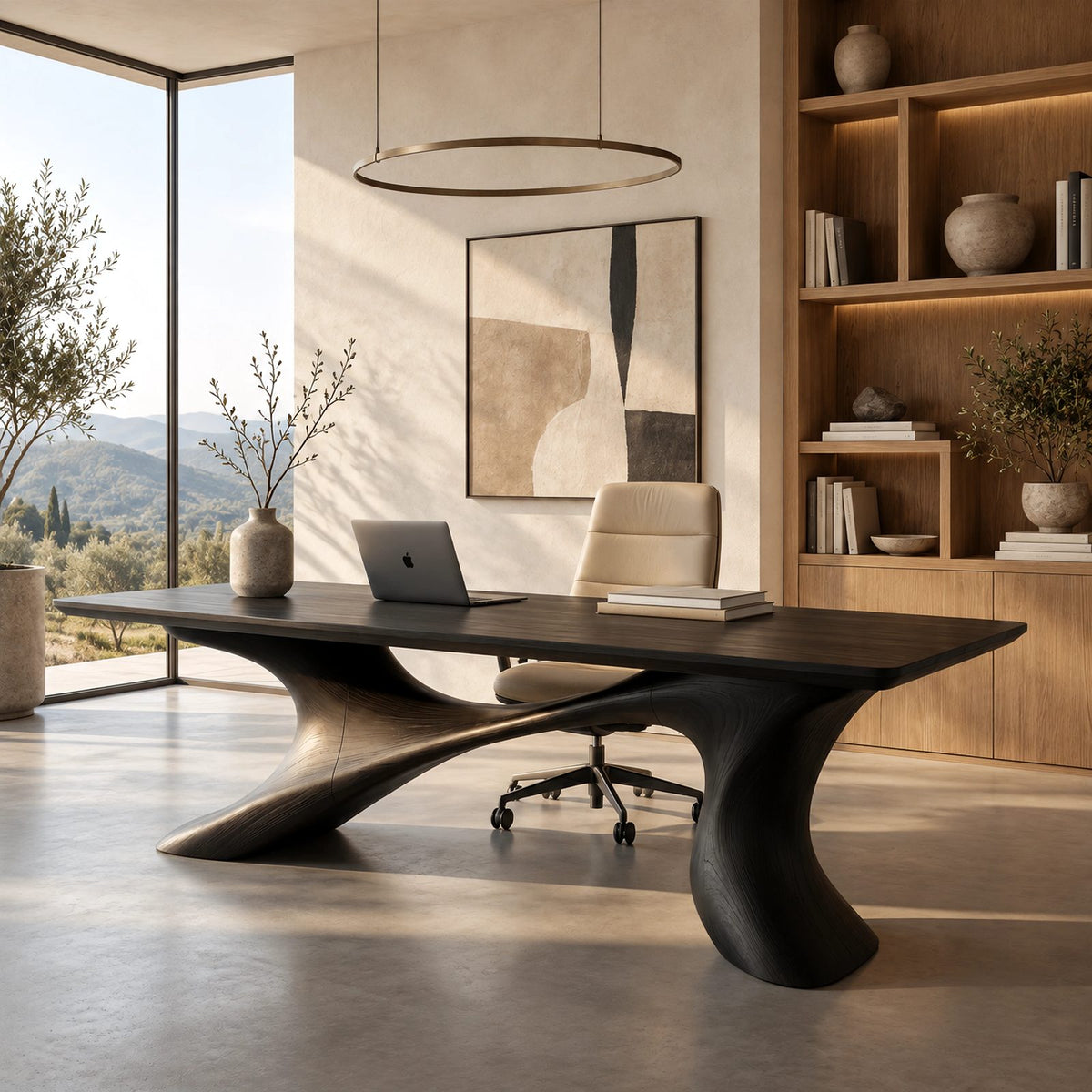 Contemporary Executive Desk With Twisting Sculpted Base For Home Office
