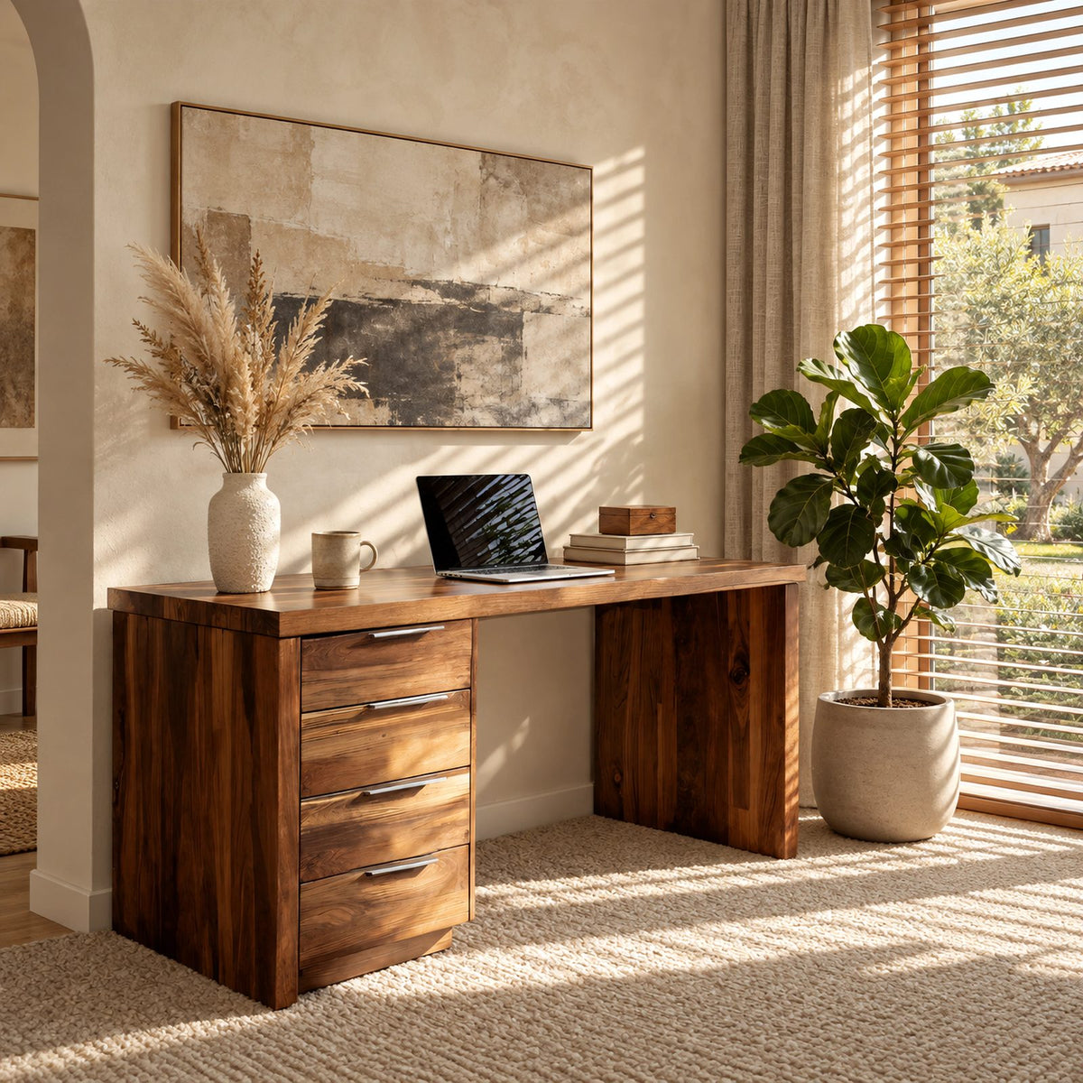 Classic Waterfall Writing Desk With 4 Drawer Pedestal For Home Office