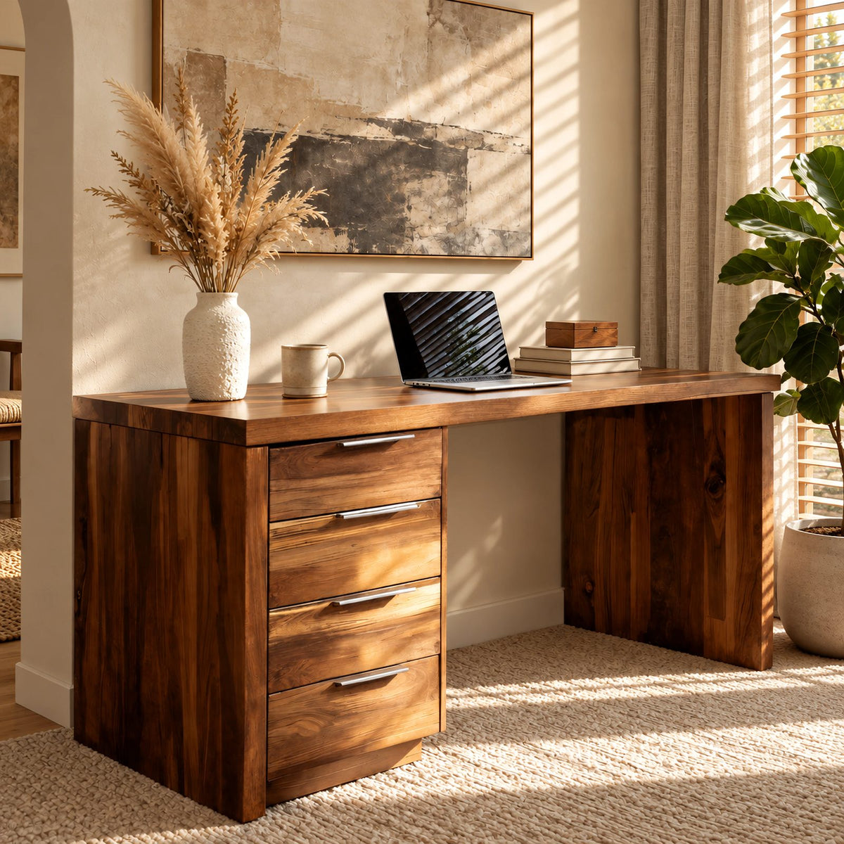 Classic Waterfall Writing Desk With 4 Drawer Pedestal For Home Office