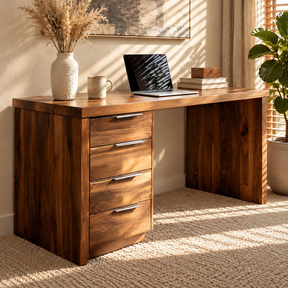 Classic Waterfall Writing Desk With 4 Drawer Pedestal For Home Office