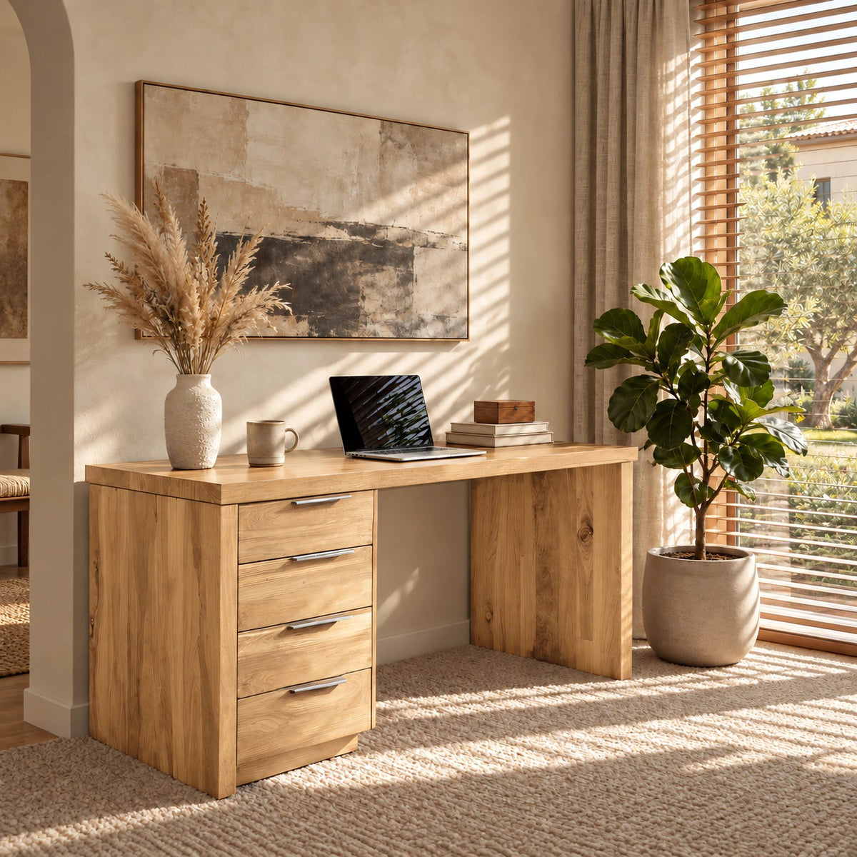 Classic Waterfall Writing Desk With 4 Drawer Pedestal For Home Office