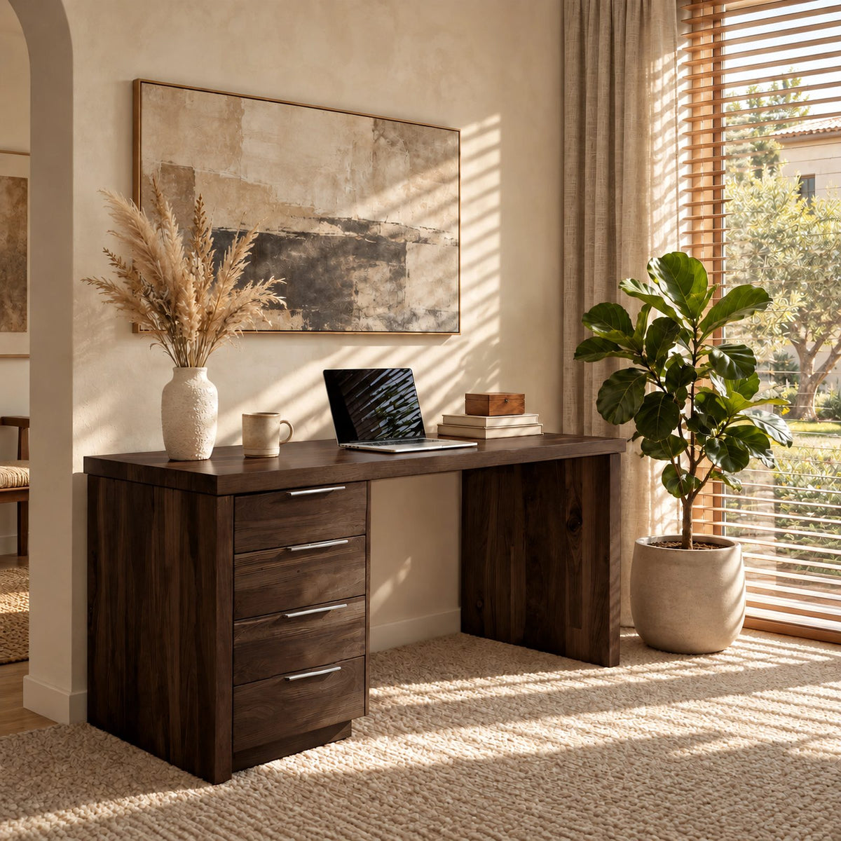 Classic Waterfall Writing Desk With 4 Drawer Pedestal For Home Office