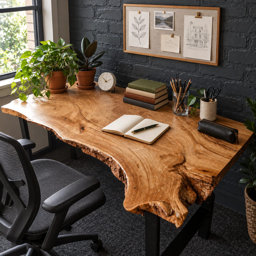 Natural Live Edge Slab Desk With Raw Bark Edge For Home Office