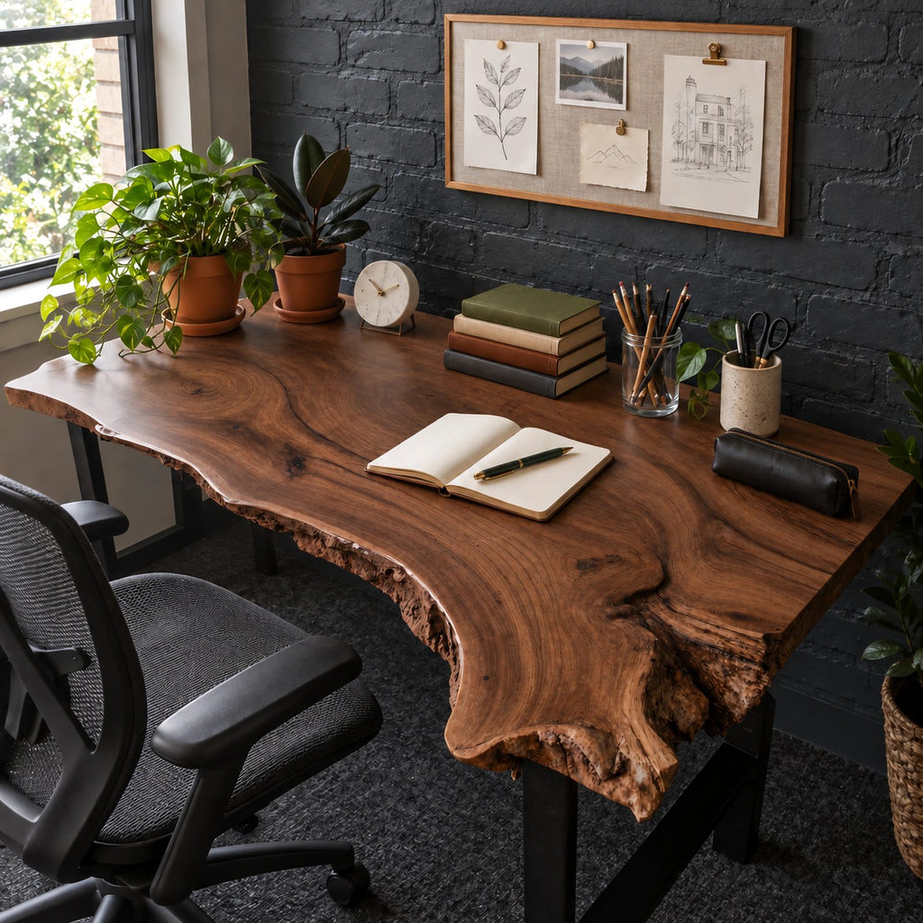 Natural Live Edge Slab Desk With Raw Bark Edge For Home Office