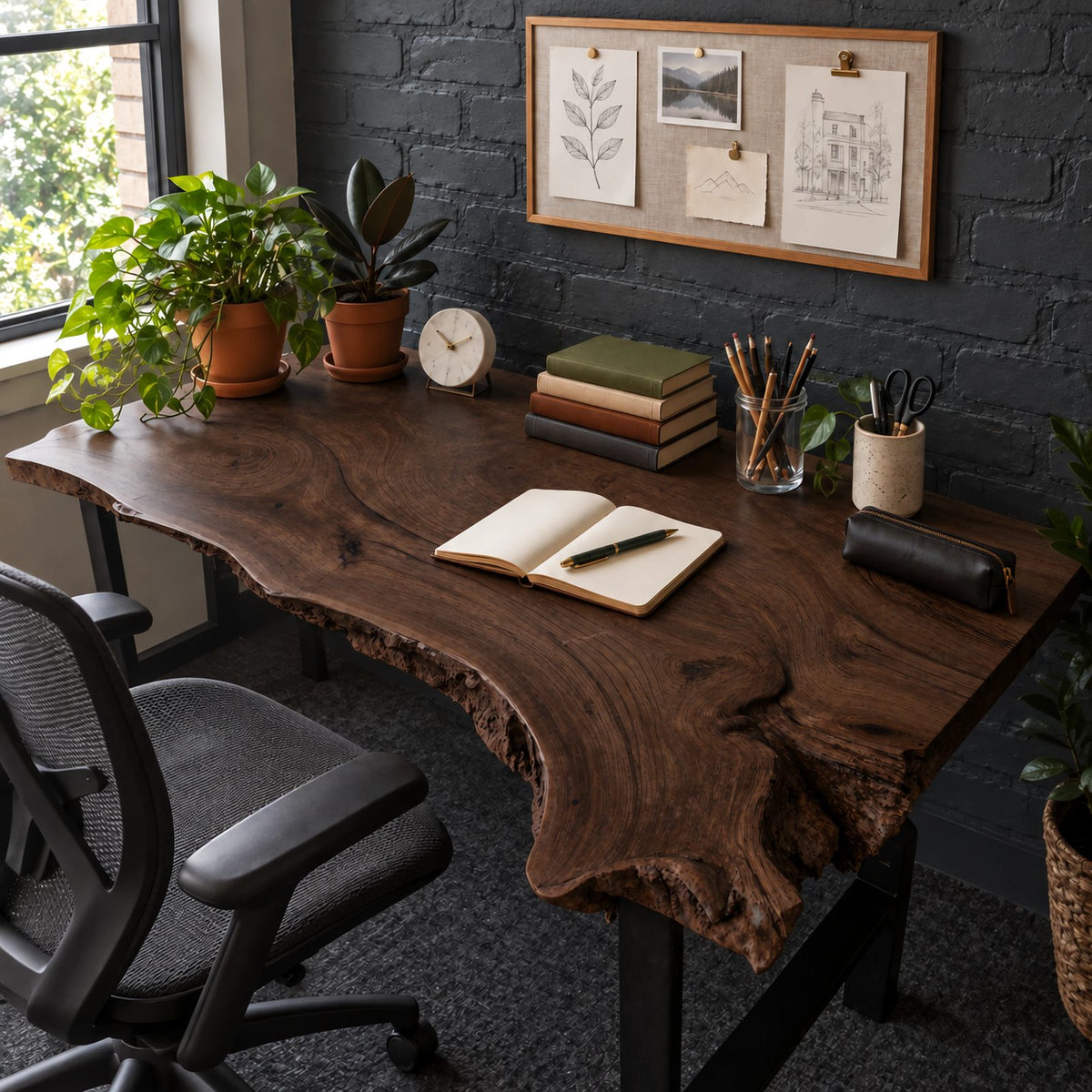 Natural Live Edge Slab Desk With Raw Bark Edge For Home Office
