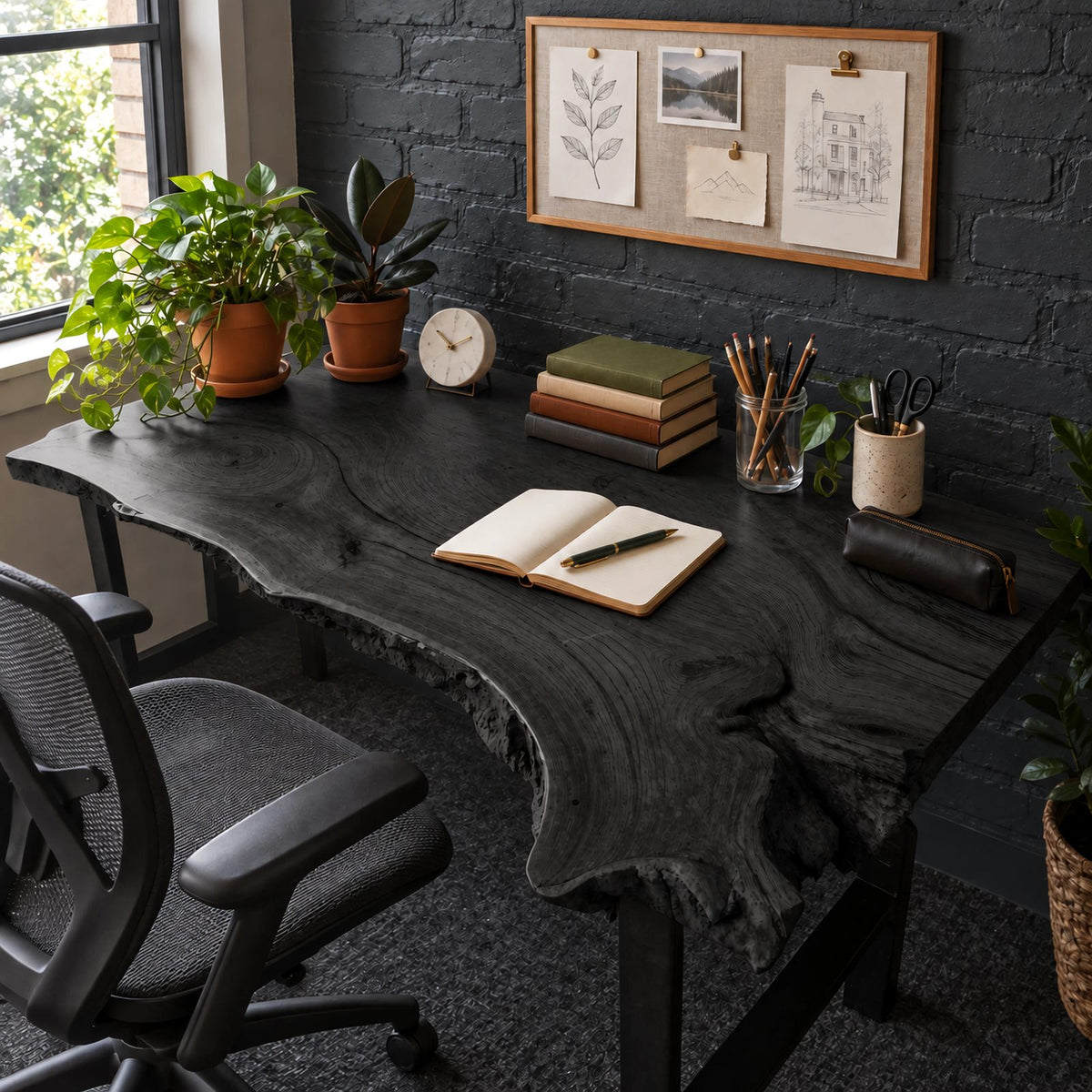 Natural Live Edge Slab Desk With Raw Bark Edge For Home Office