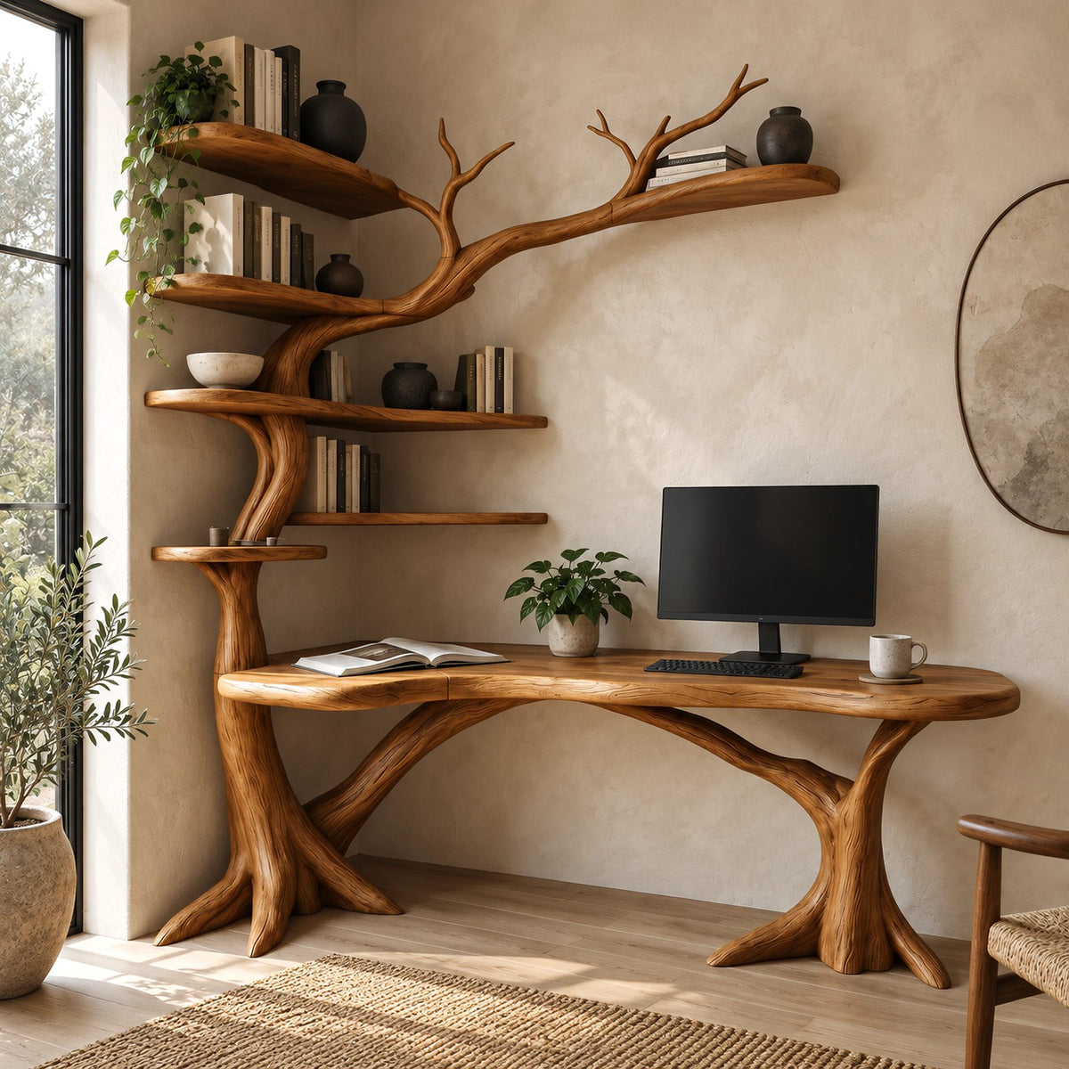 Sculptural Tree L Shaped Desk With Branch Shelves For Home Office