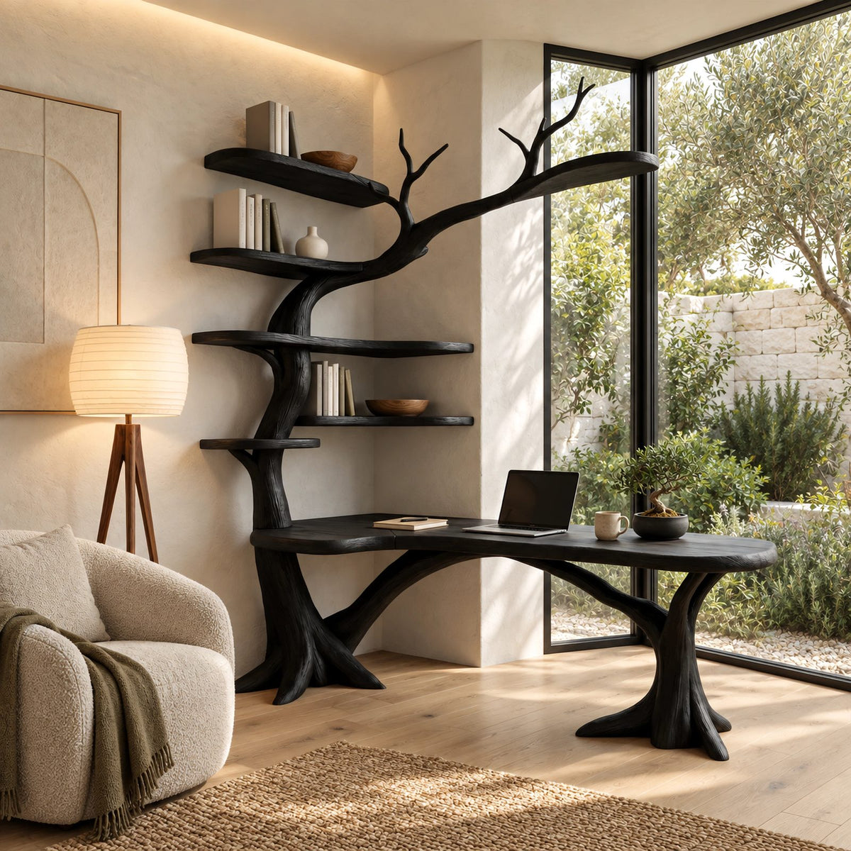 Sculptural Tree L Shaped Desk With Branch Shelves For Home Office