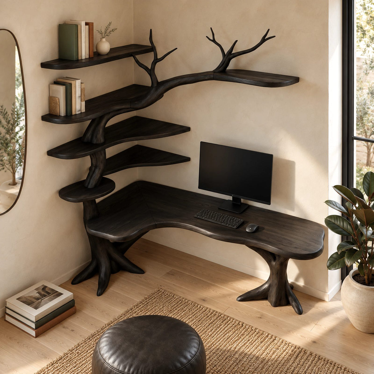 Sculptural Tree L Shaped Desk With Branch Shelves For Home Office