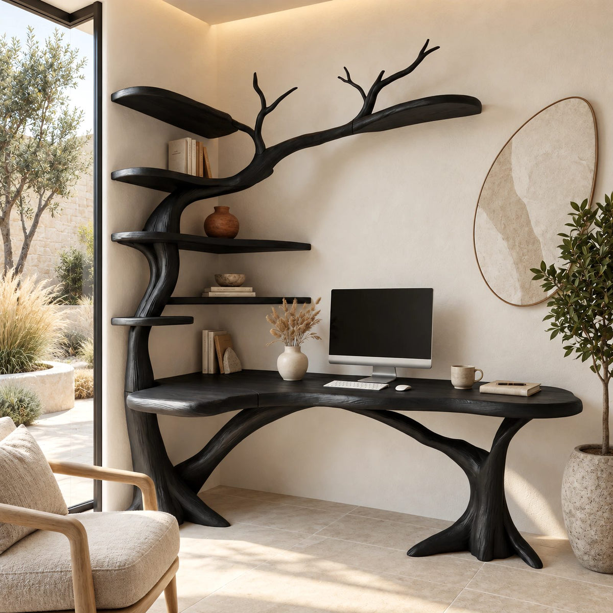 Sculptural Tree L Shaped Desk With Branch Shelves For Home Office