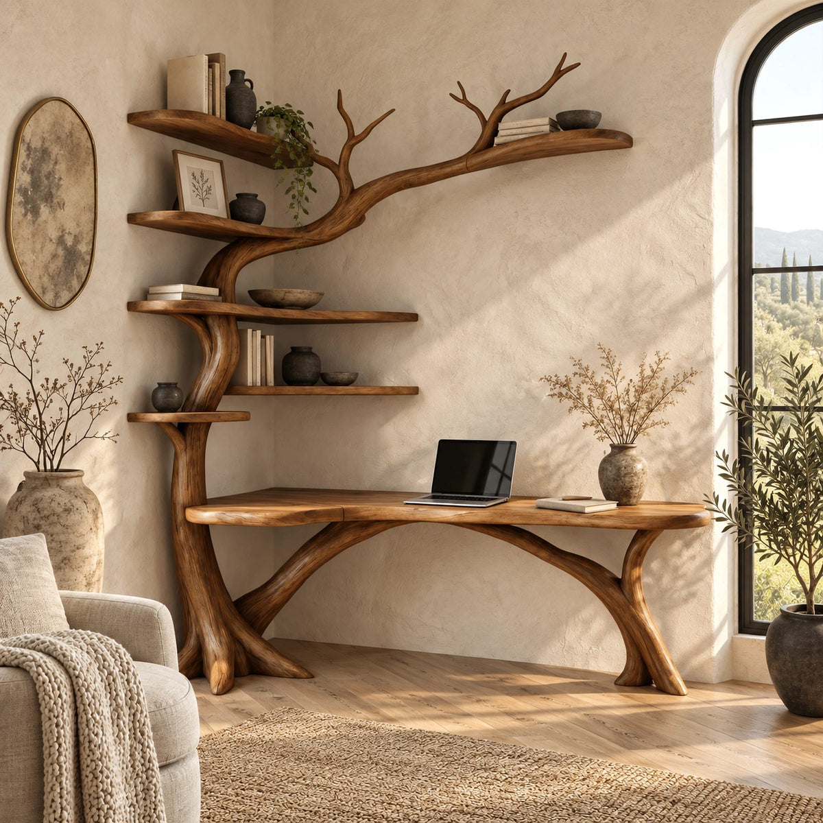 Sculptural Tree L Shaped Desk With Branch Shelves For Home Office