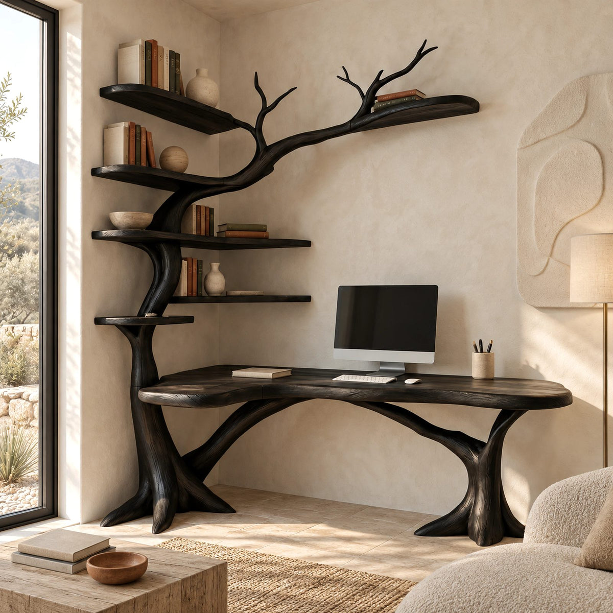Sculptural Tree L Shaped Desk With Branch Shelves For Home Office