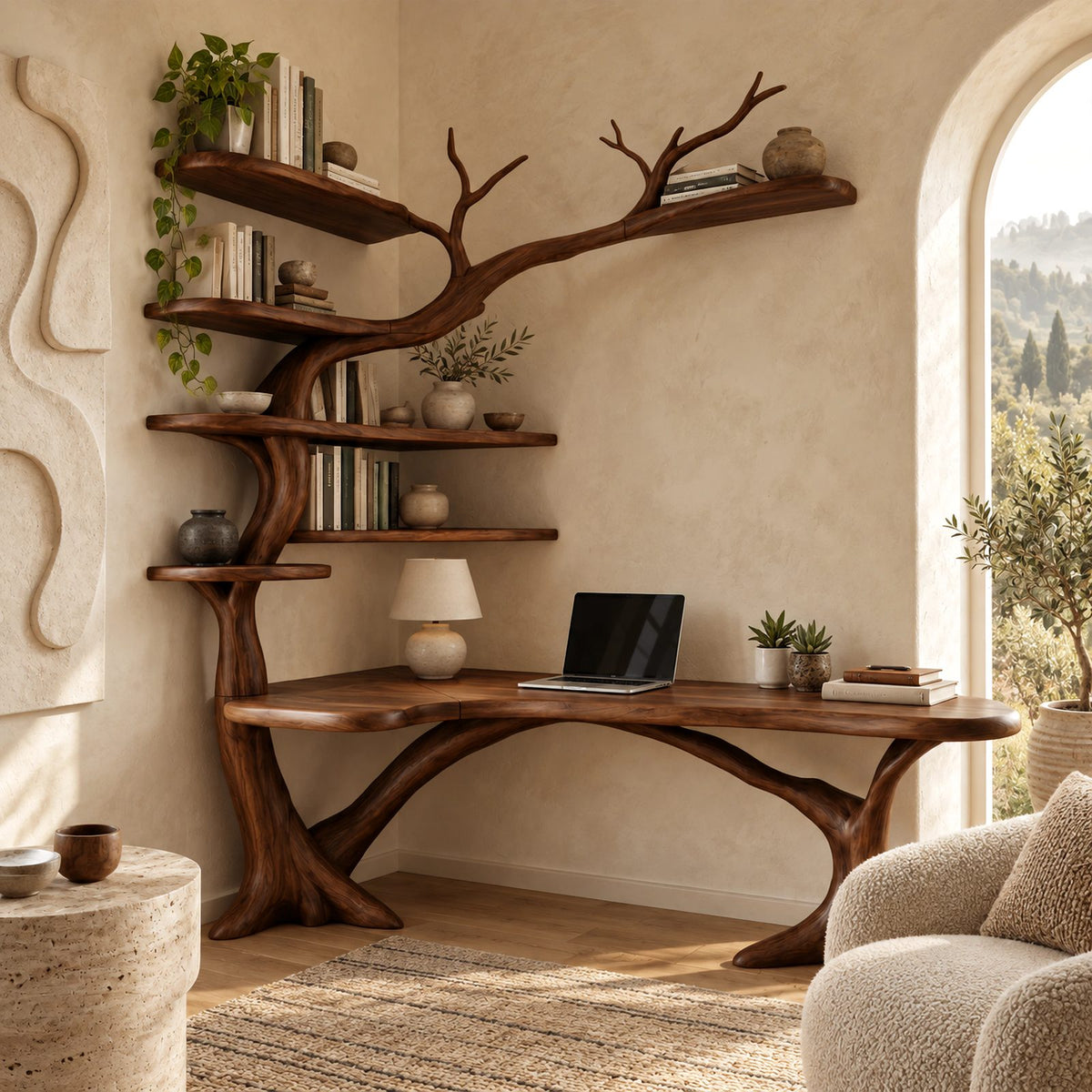 Sculptural Tree L Shaped Desk With Branch Shelves For Home Office