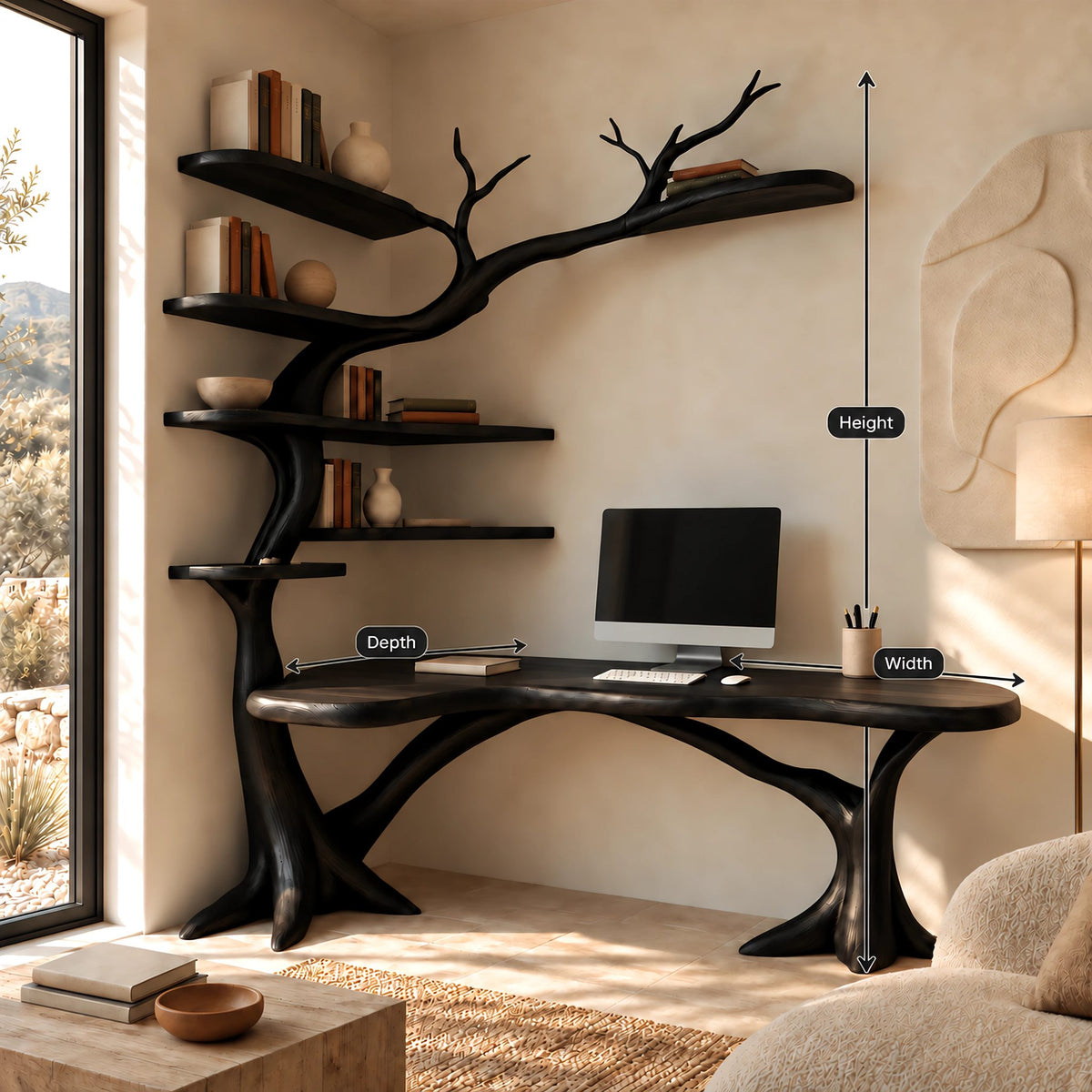 Sculptural Tree L Shaped Desk With Branch Shelves For Home Office