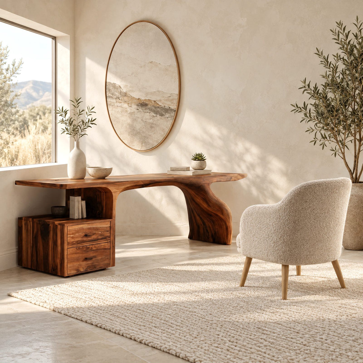 Natural Live Edge Desk With Drawer Cabinet For Home Office