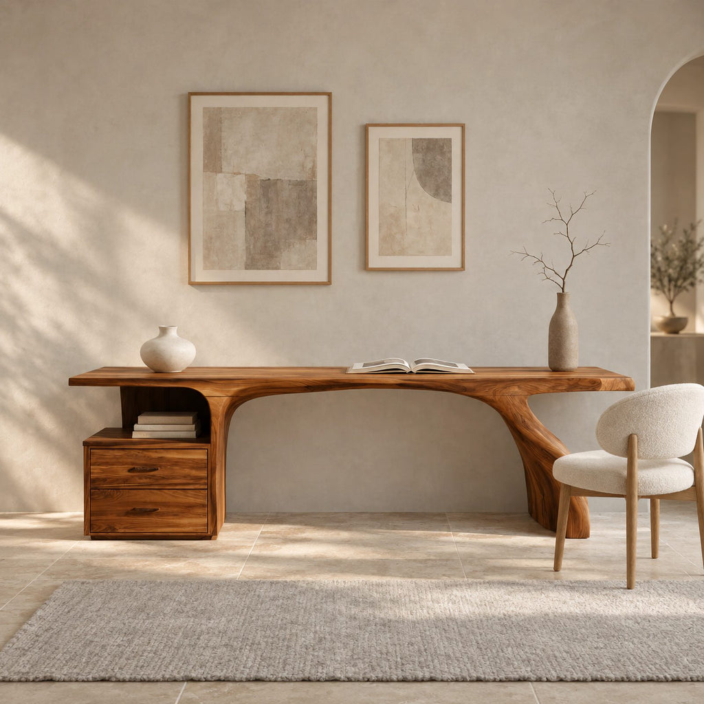 Natural Live Edge Desk With Drawer Cabinet For Home Office