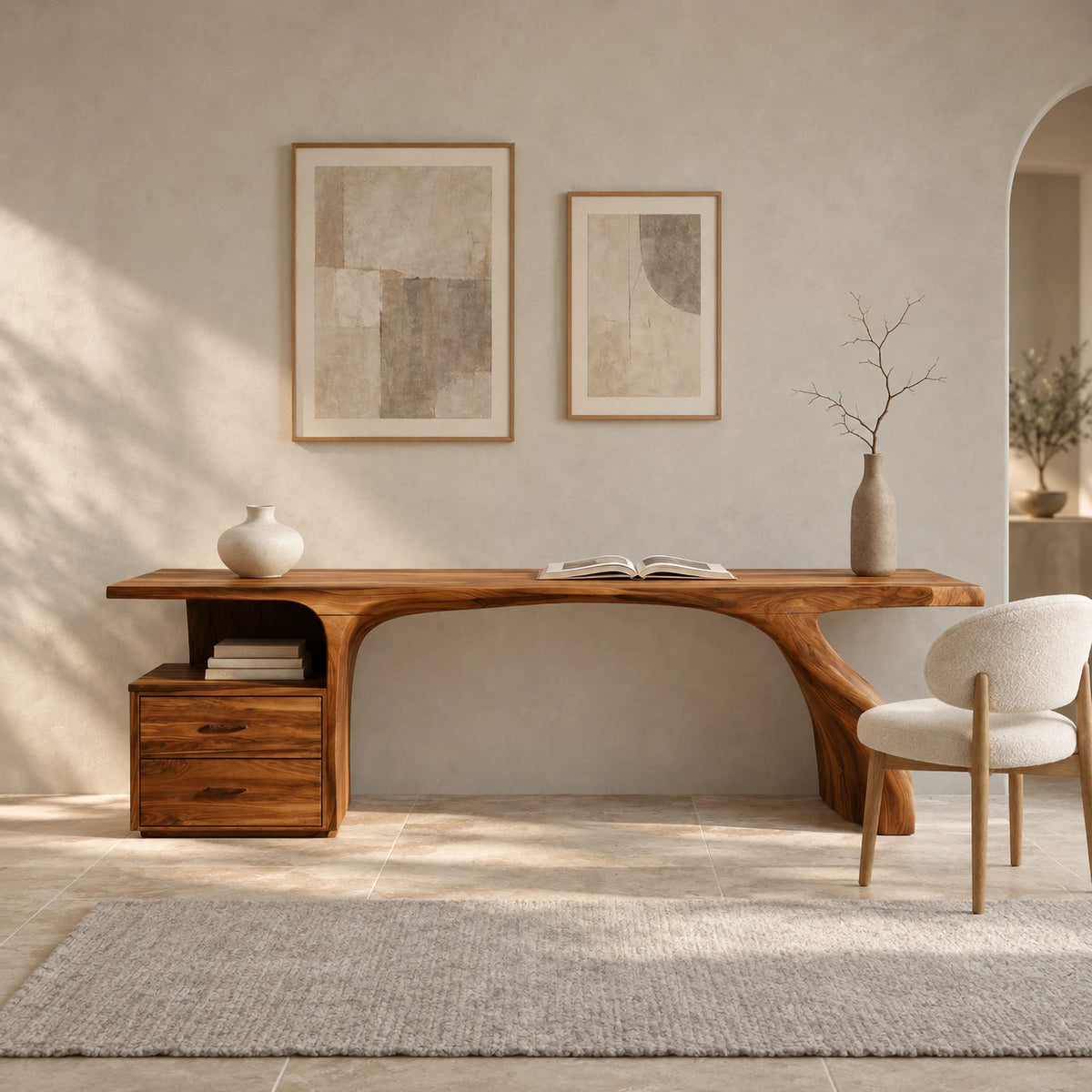 Natural Live Edge Desk With Drawer Cabinet For Home Office