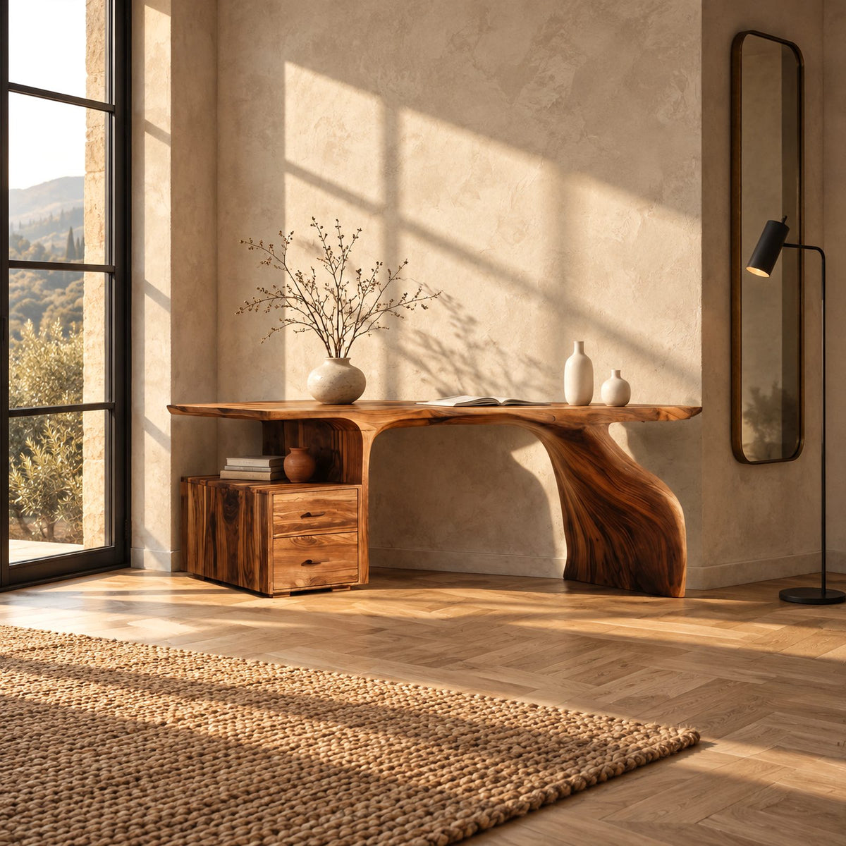 Natural Live Edge Desk With Drawer Cabinet For Home Office