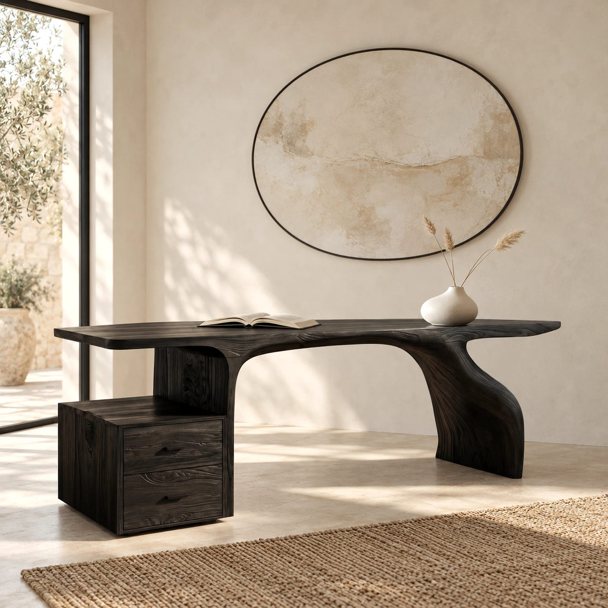 Natural Live Edge Desk With Drawer Cabinet For Home Office