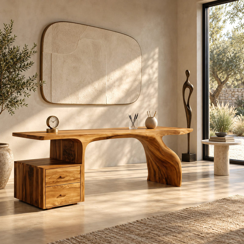 Natural Live Edge Desk With Drawer Cabinet For Home Office