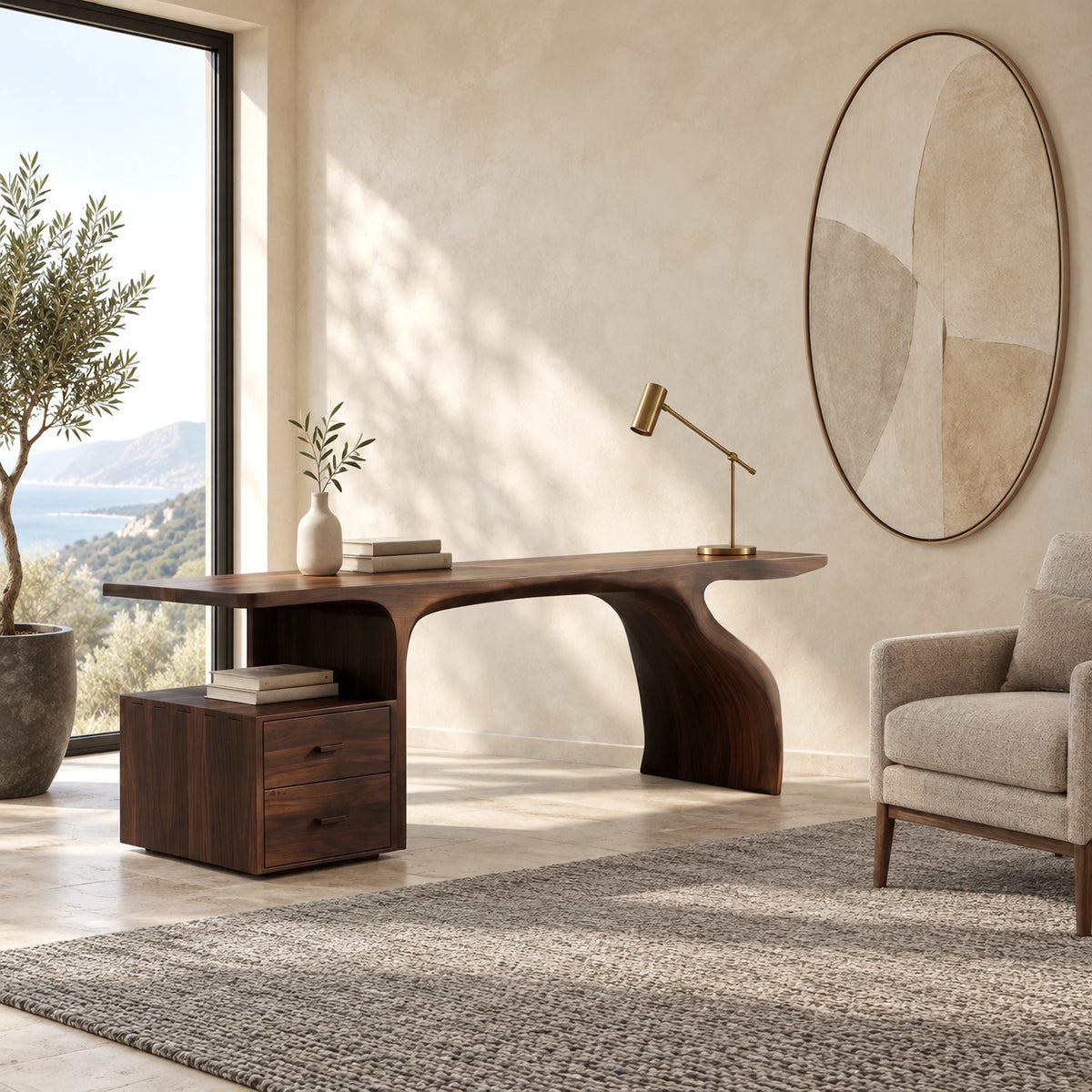 Natural Live Edge Desk With Drawer Cabinet For Home Office