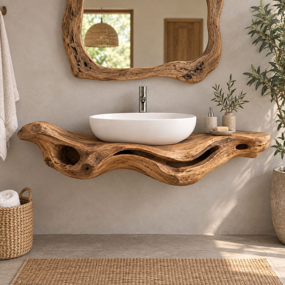 Driftwood Floating Solid Wood Bathroom Vanity | Sculptural Live-Edge Vessel-Sink Washstand, Bathroom & Powder Room