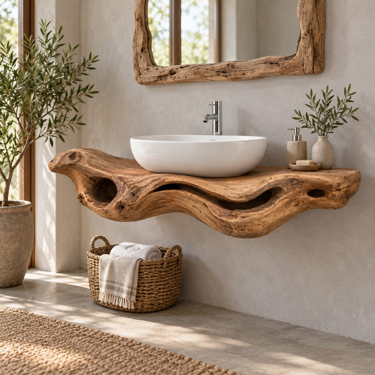 Driftwood Floating Solid Wood Bathroom Vanity | Sculptural Live-Edge Vessel-Sink Washstand, Bathroom & Powder Room