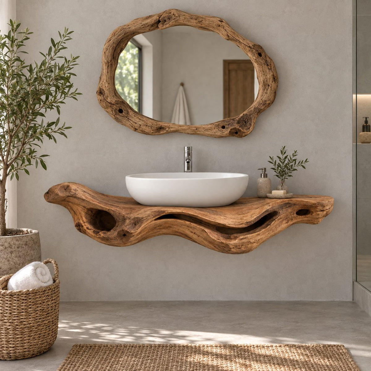 Driftwood Floating Solid Wood Bathroom Vanity | Sculptural Live-Edge Vessel-Sink Washstand, Bathroom & Powder Room