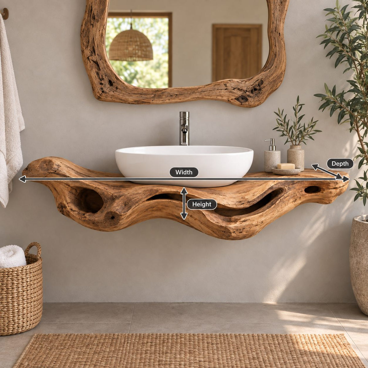 Driftwood Floating Solid Wood Bathroom Vanity | Sculptural Live-Edge Vessel-Sink Washstand, Bathroom & Powder Room