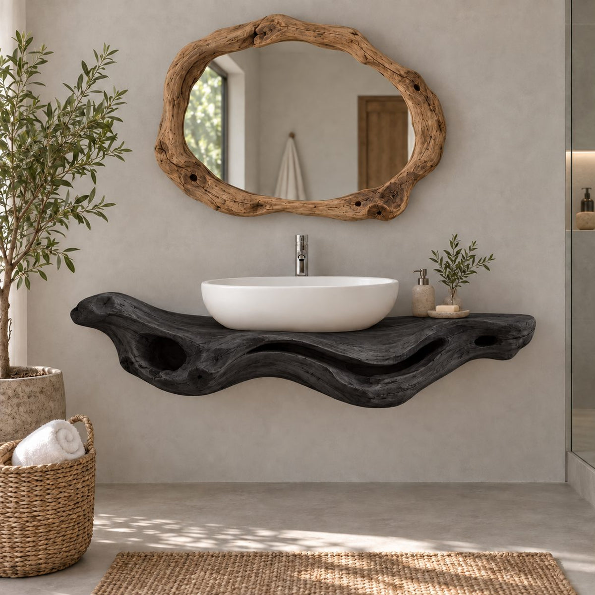 Driftwood Floating Solid Wood Bathroom Vanity | Sculptural Live-Edge Vessel-Sink Washstand, Bathroom & Powder Room