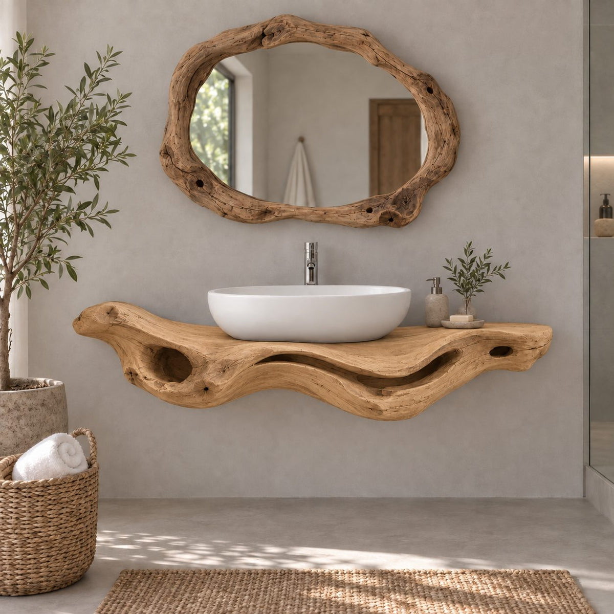Driftwood Floating Solid Wood Bathroom Vanity | Sculptural Live-Edge Vessel-Sink Washstand, Bathroom & Powder Room