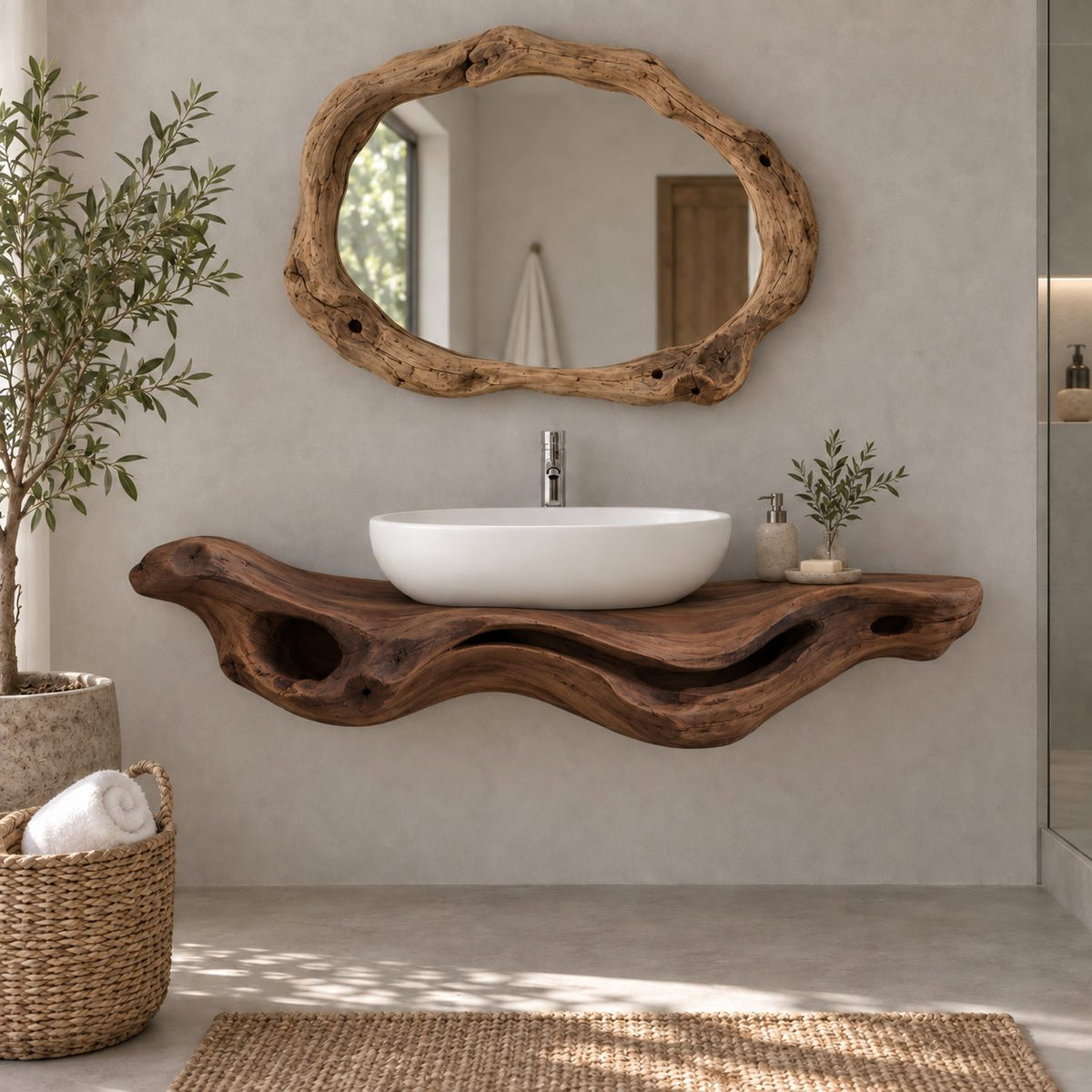 Driftwood Floating Solid Wood Bathroom Vanity | Sculptural Live-Edge Vessel-Sink Washstand, Bathroom & Powder Room