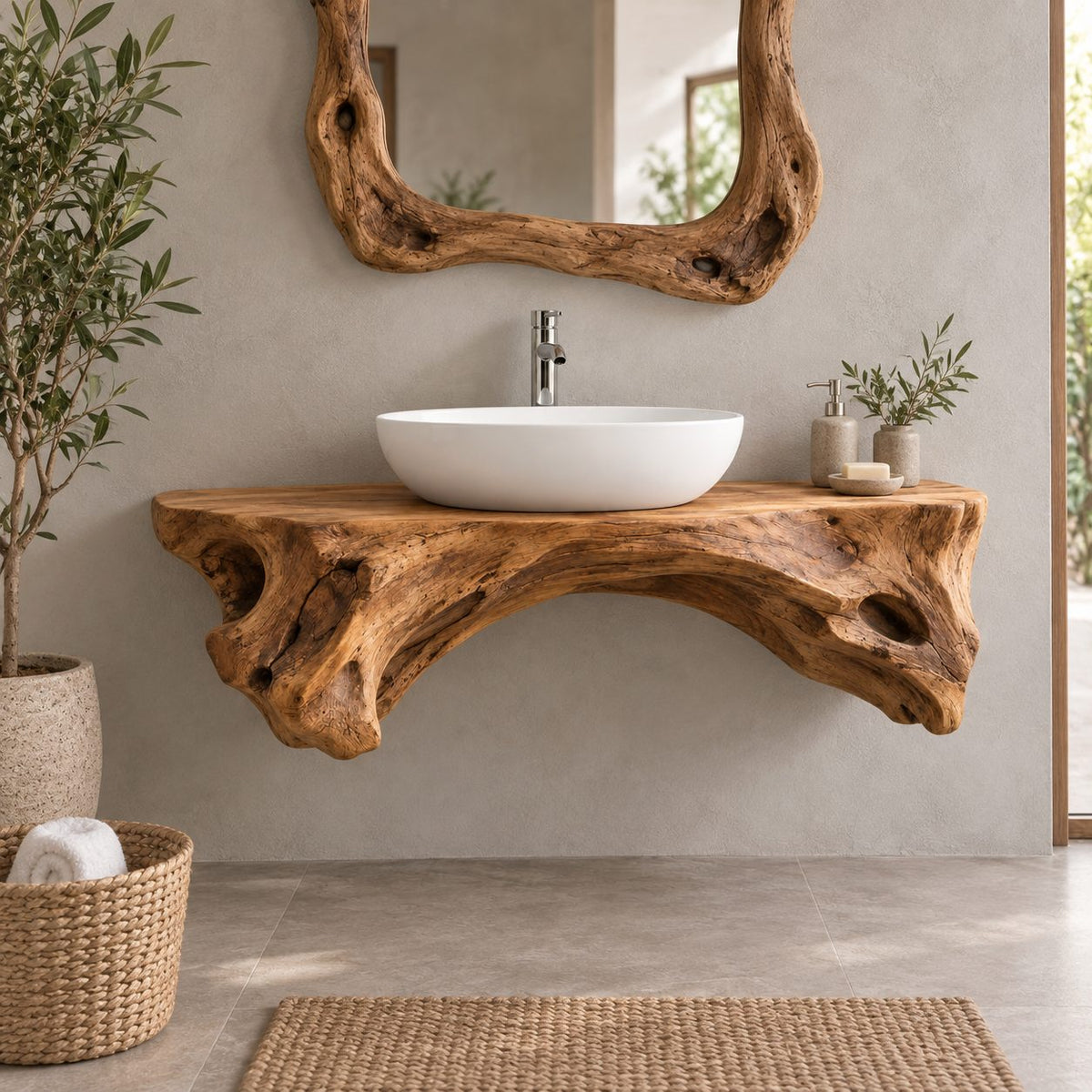 Live-Edge Floating Solid Wood Bathroom Vanity | Sculptural Driftwood Vessel-Sink Washstand for Bathroom, Powder Room