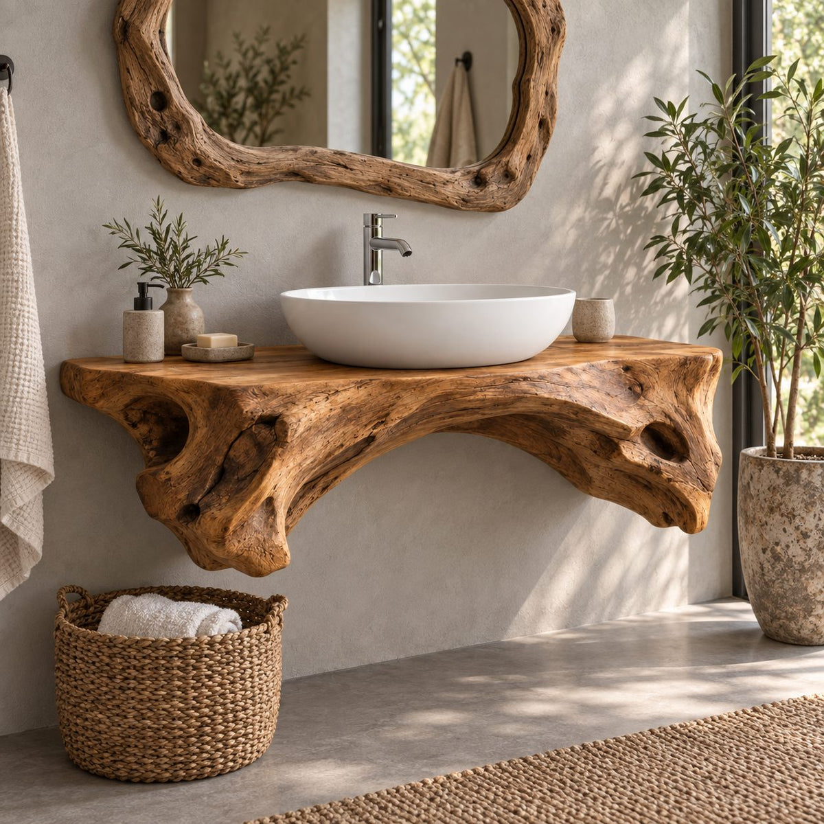 Live-Edge Floating Solid Wood Bathroom Vanity | Sculptural Driftwood Vessel-Sink Washstand for Bathroom, Powder Room