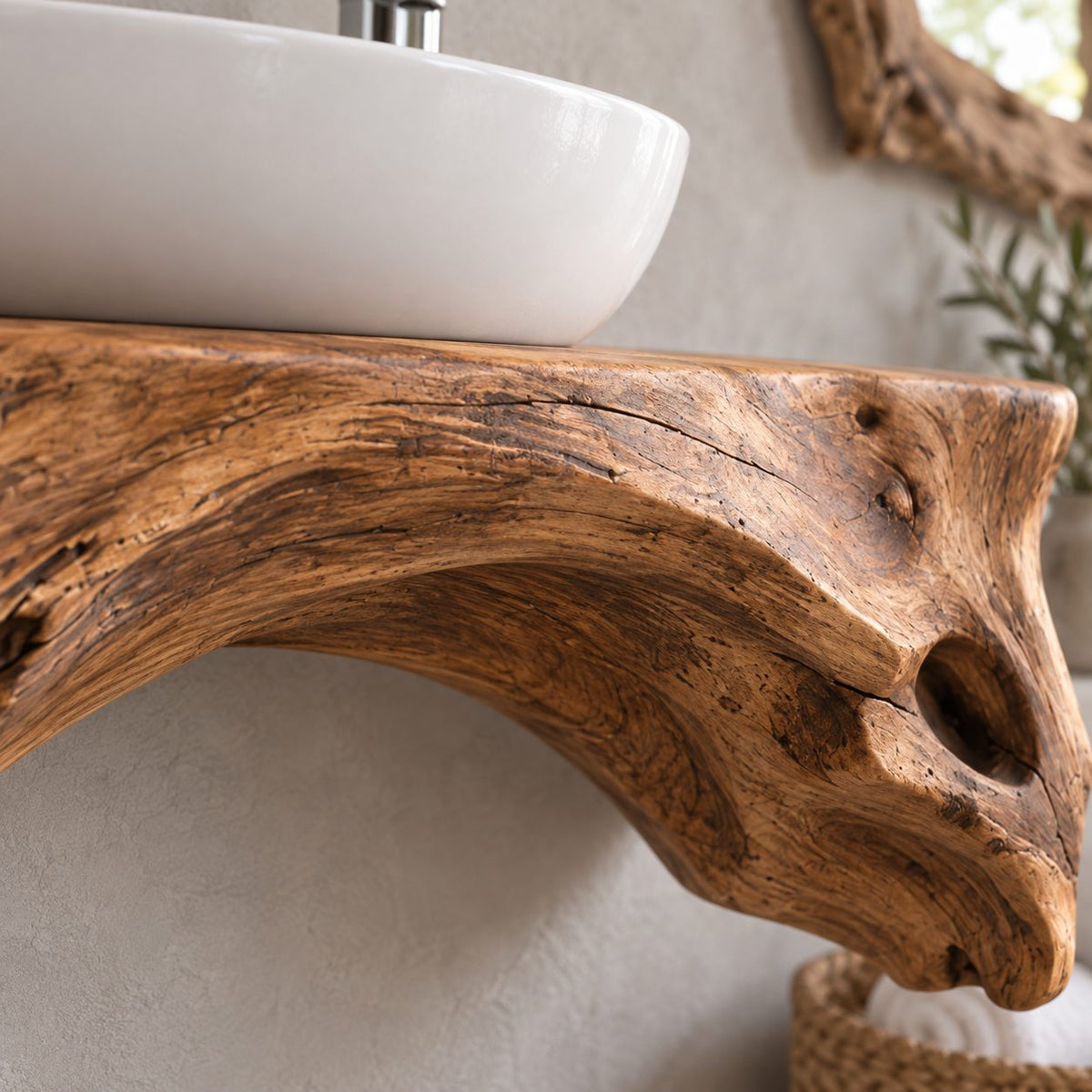 Live-Edge Floating Solid Wood Bathroom Vanity | Sculptural Driftwood Vessel-Sink Washstand for Bathroom, Powder Room