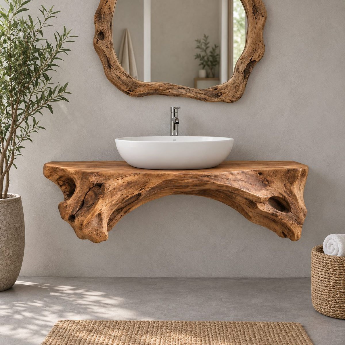 Live-Edge Floating Solid Wood Bathroom Vanity | Sculptural Driftwood Vessel-Sink Washstand for Bathroom, Powder Room