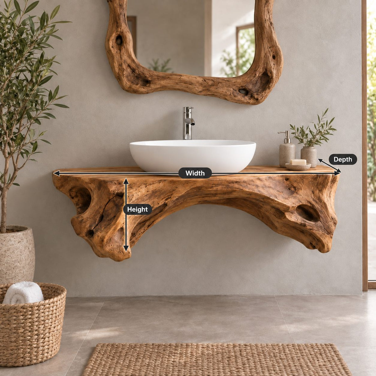 Live-Edge Floating Solid Wood Bathroom Vanity | Sculptural Driftwood Vessel-Sink Washstand for Bathroom, Powder Room