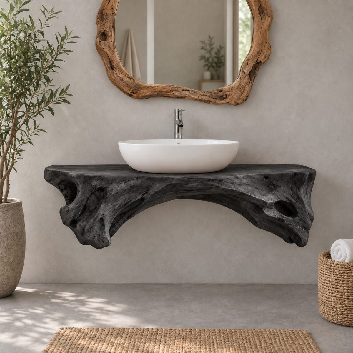 Live-Edge Floating Solid Wood Bathroom Vanity | Sculptural Driftwood Vessel-Sink Washstand for Bathroom, Powder Room