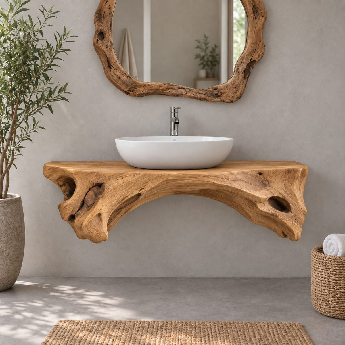 Live-Edge Floating Solid Wood Bathroom Vanity | Sculptural Driftwood Vessel-Sink Washstand for Bathroom, Powder Room
