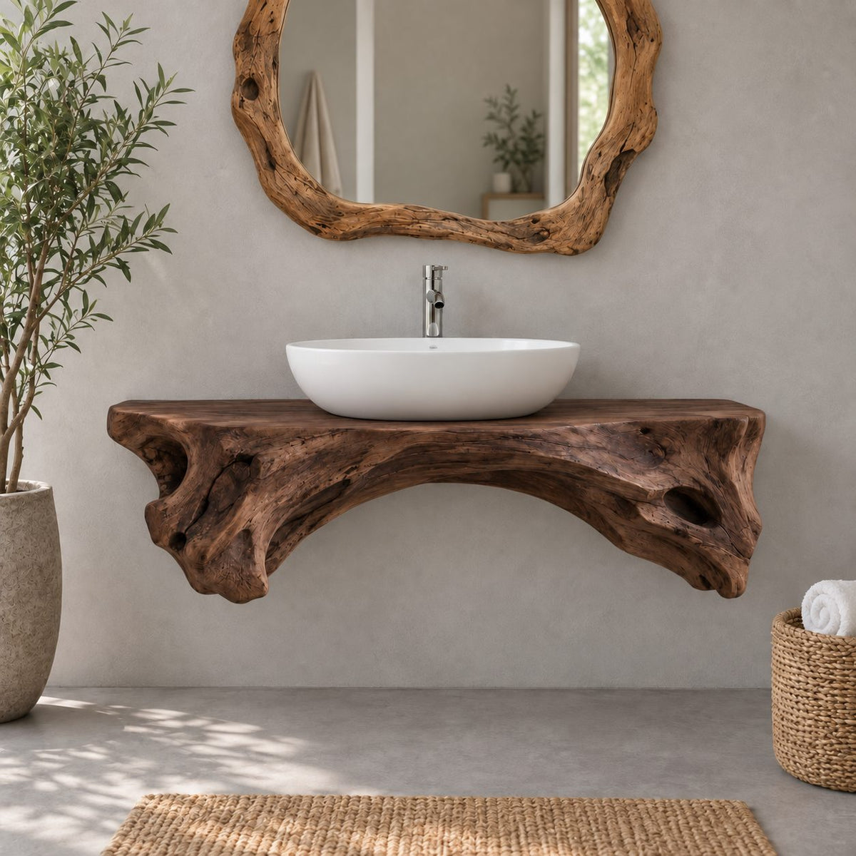 Live-Edge Floating Solid Wood Bathroom Vanity | Sculptural Driftwood Vessel-Sink Washstand for Bathroom, Powder Room