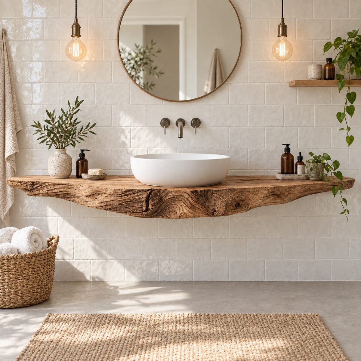 Floating Live-Edge Solid Wood Bathroom Vanity | Single Vessel-Sink Reclaimed Wood Washstand, Bathroom & Powder Room