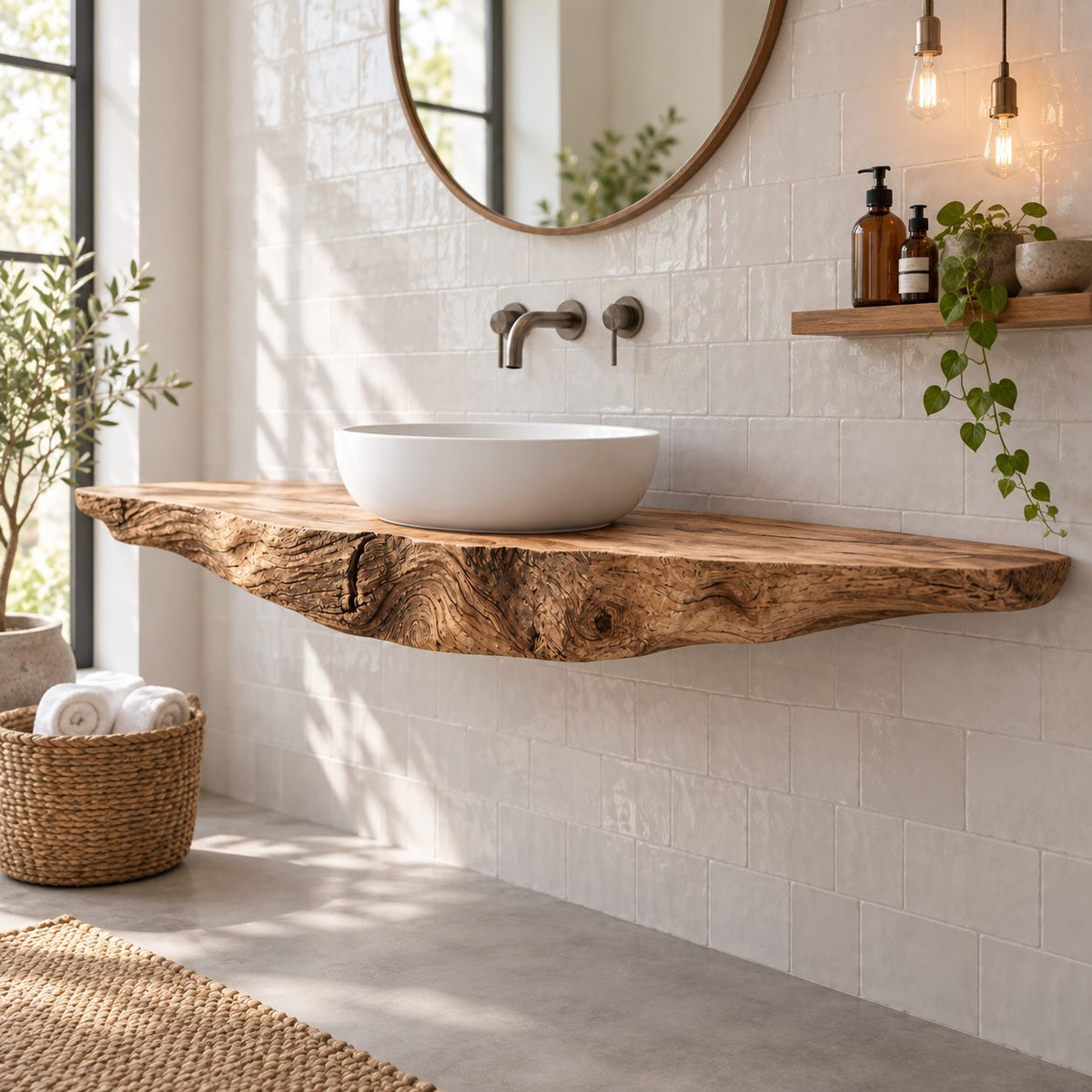 Floating Live-Edge Solid Wood Bathroom Vanity | Single Vessel-Sink Reclaimed Wood Washstand, Bathroom & Powder Room