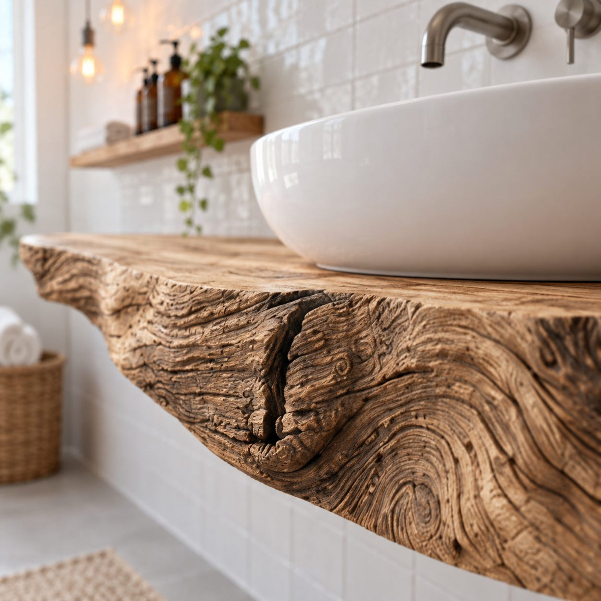 Floating Live-Edge Solid Wood Bathroom Vanity | Single Vessel-Sink Reclaimed Wood Washstand, Bathroom & Powder Room