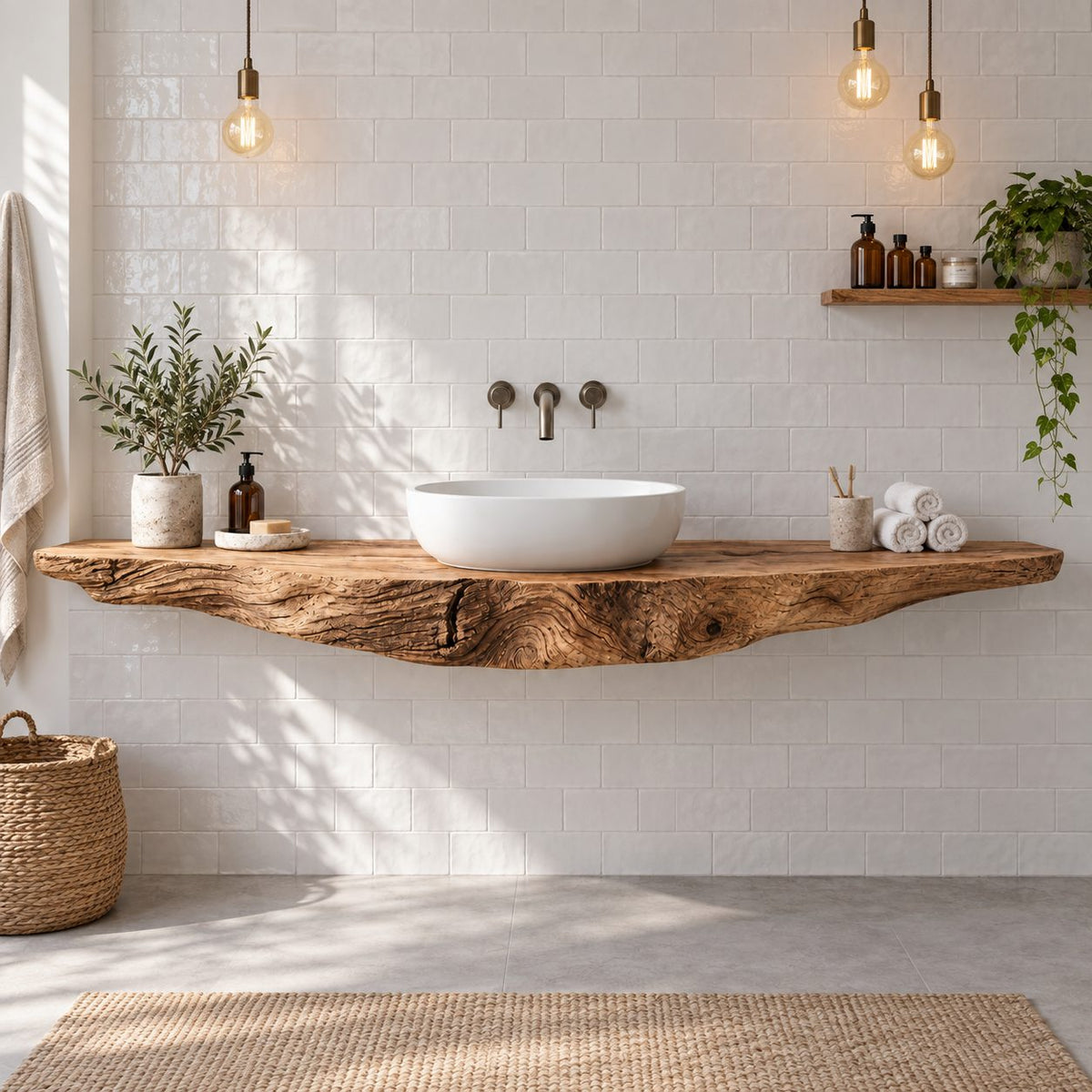 Floating Live-Edge Solid Wood Bathroom Vanity | Single Vessel-Sink Reclaimed Wood Washstand, Bathroom & Powder Room